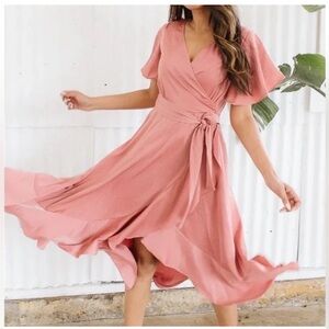 Ivy City Co Satin Wrap Dress in Pink